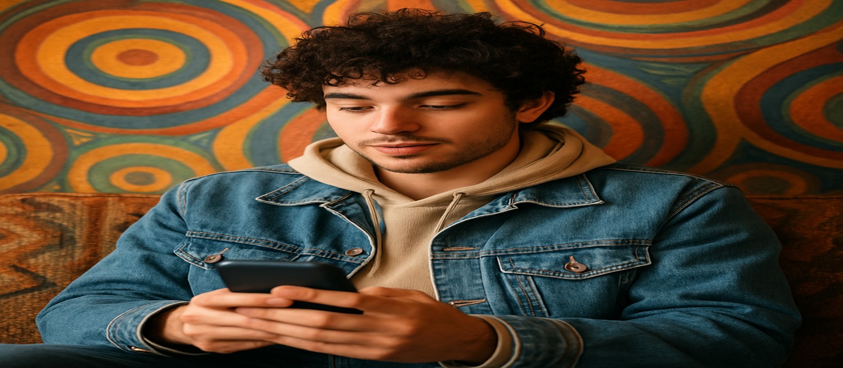 একজন ব্যক্তি সোফায় আরাম করে বসে 3777bdt অ্যাপটি স্মার্টফোনে ব্যবহার করছেন