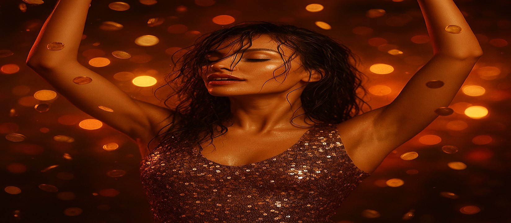 এভিয়েটর গেমে জয় পাওয়ার আনন্দে উচ্ছ্বাসিত এক নারী, চারপাশে উড়ে বেড়াচ্ছে স্বর্ণমুদ্রা