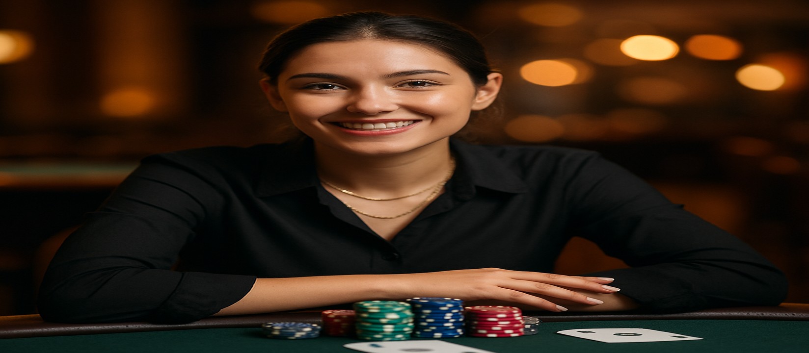 একটি হাসিখুশি মেয়ে 3777bdt-এ একটি কার্ড টেবিলে বসে, সামনে খেলার সামগ্রীসহ, বিস্তৃত খেলাগুলোর বৈচিত্র্যময় নির্বাচন দেখান