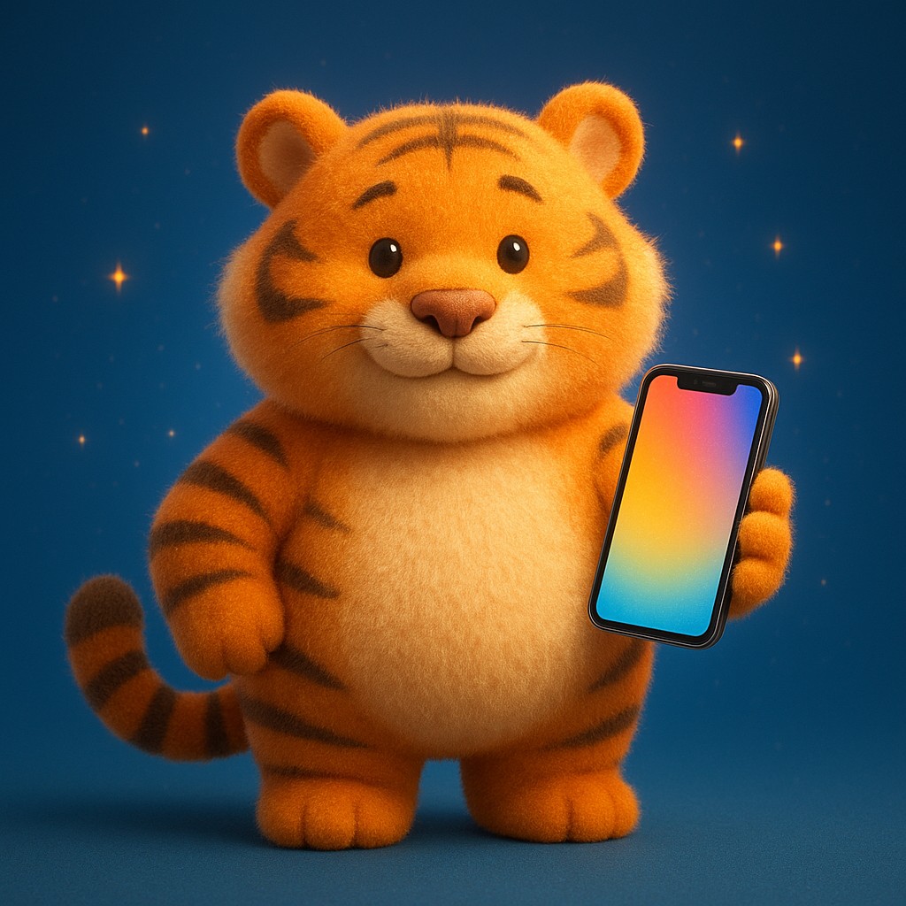 স্মার্টফোনে 3777bdt অ্যাপটি ব্যবহার করছে এমন একটি কার্টুন বাঘশাবকের ছবি