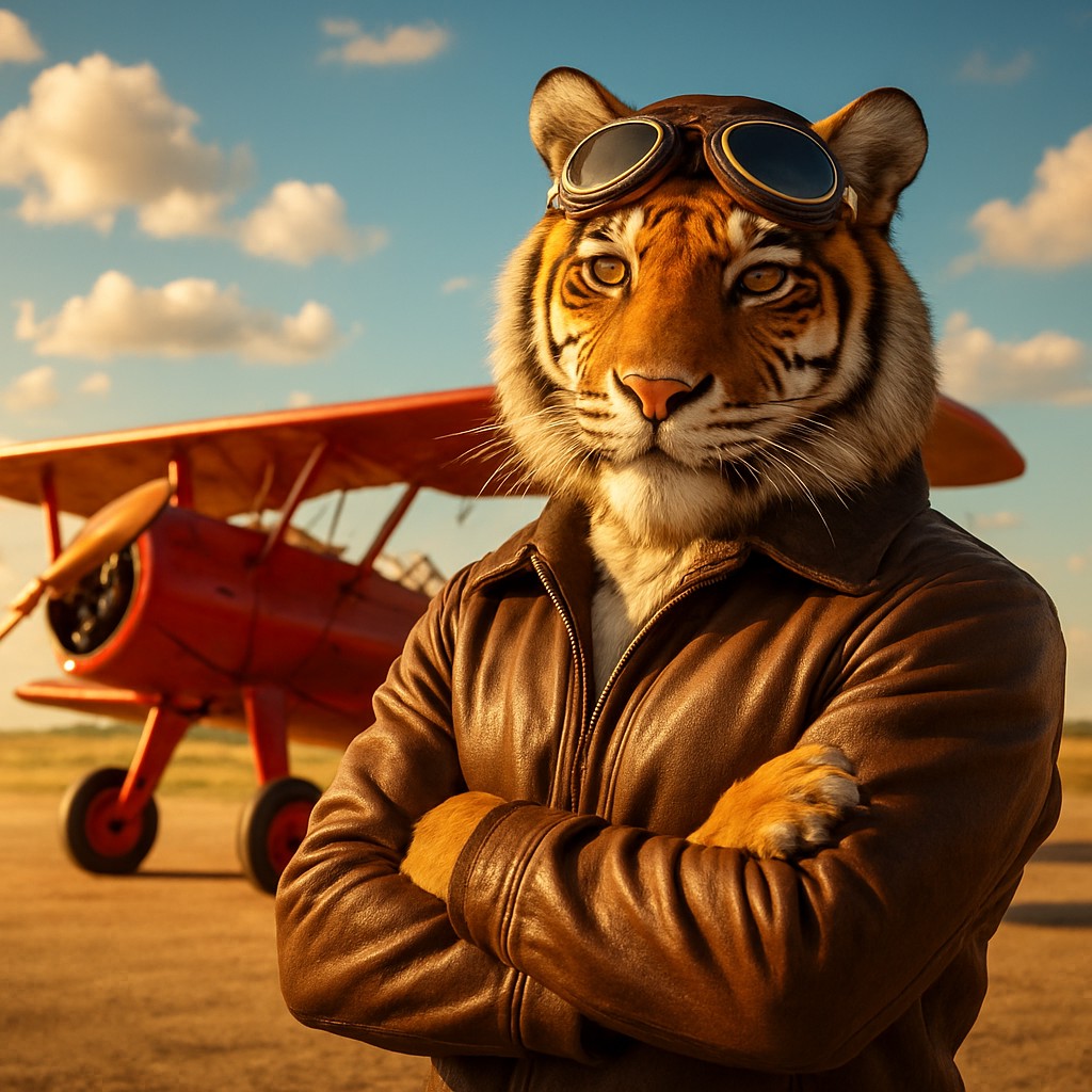 এভিয়েটর গেমের প্রতীক হিসেবে লাল রঙের বিমানের পাশে দাঁড়িয়ে থাকা টাইগার পাইলট