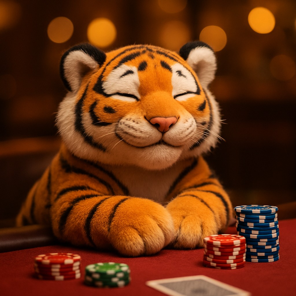 3777bdt গেমিং প্ল্যাটফর্মে গেম টেবিলের সামনে চিপস নিয়ে হাসিখুশি টাইগার শাবক