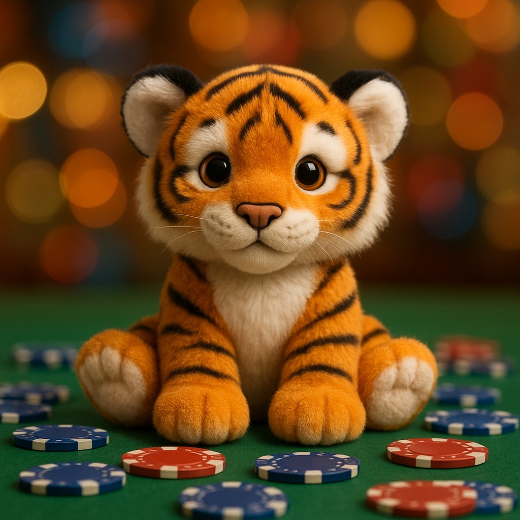 একটি ছোট বাঘের বাচ্চা একটি টেবিলের ওপর বসে খেলার সামগ্রী নিয়ে রয়েছে।