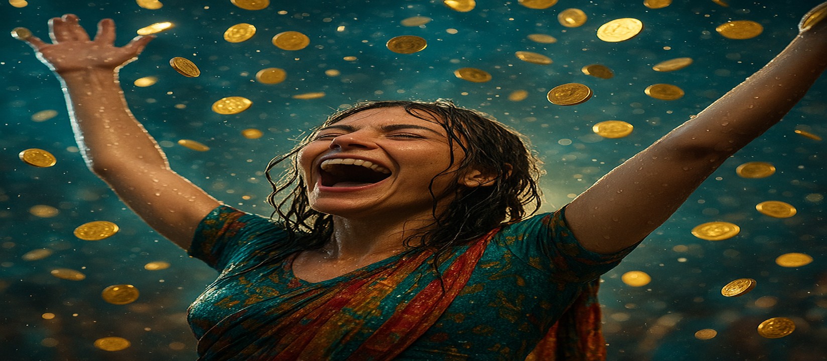 মুদ্রার ঝরনার মাঝে রঙিন পোশাকে একজন নারী